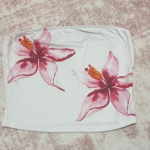 White Floral Tube Top with Pink Blossom Print